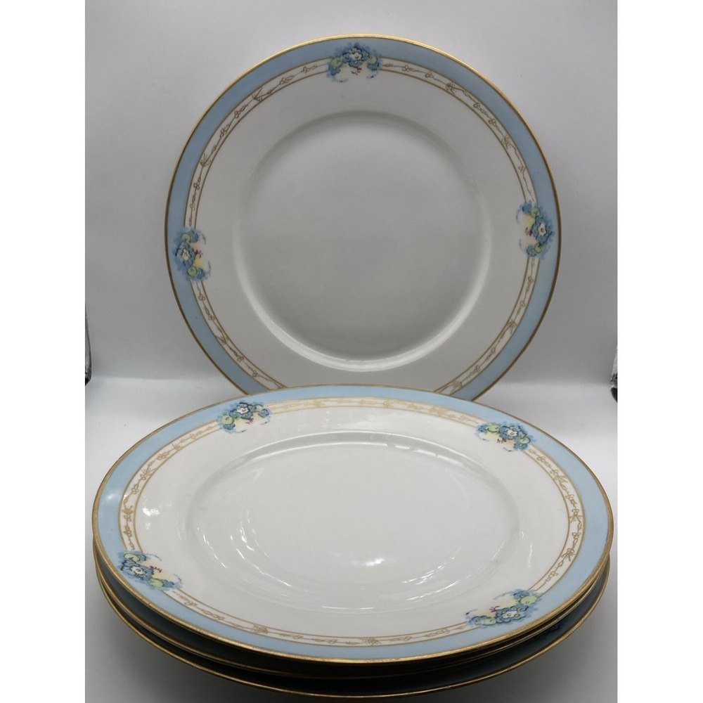 4 Vintage Hutschenreuther Selb Bavaria Dinner Plates Donatello Blue Floral Gold